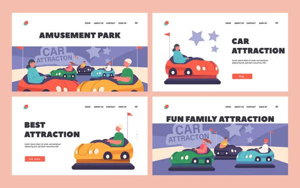 Parco divertimenti Attrazioni Landing Page Template Set. Divertimento dei bambini al paraurti auto sul luna park o intrattenimento di carnevale — Vettoriale Stock