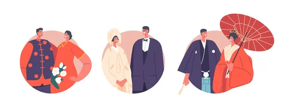 Asijské novomanželské páry kulaté ikony. Tradice a kultura manželství, tradiční japonská svatba. Nevěsta a ženich — Stockový vektor
