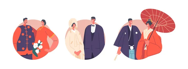 Asian Newlywed Couples Round Icons (dalam bahasa Inggris). Tradisi Pernikahan dan Kebudayaan, Pernikahan tradisional Jepang. Pengantin dan Pengantin pria - Stok Vektor