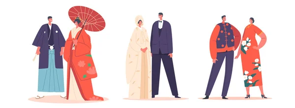 Matrimonio asiático Tradición y cultura, Boda tradicional japonesa. Vestido de Novia, Novia o Novio Personajes — Archivo Imágenes Vectoriales
