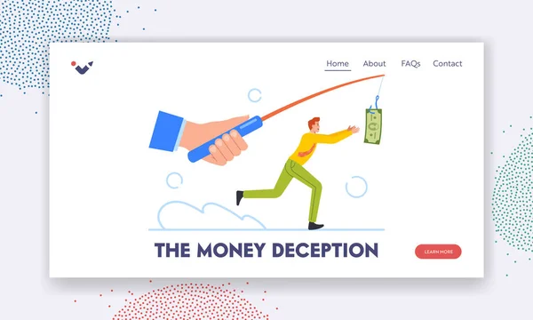 Money Deception Landing Page Template. Profit Seeking Concept With Businessman Running Trying to Catch Money — Stock Vector