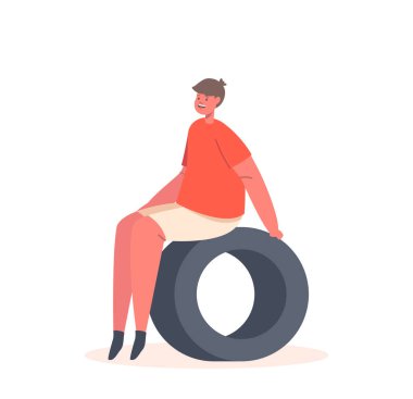 Geri Dönüşümlü Araba Lastiği Üzerine Oturan Çocuk Karakteri Beyaz Arkaplanda İzole Edildi. Çocuk Bahçede ya da Bahçede Oynuyor