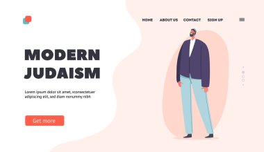 Modern Yahudilik İniş Sayfa Şablonu. Olgun Yahudi Adam, gülümseyen Yahudi Ulusal Kippah ve günlük giysiler giyer.