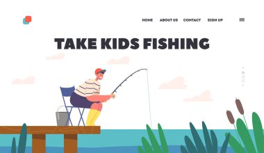 Pond Landing Page Şablonu 'nda Balık Tutan Çocuk. Çocuk Balıkçı Çubukla Nehir veya Göl kıyısındaki Ahşap İskelede Balıkçılık
