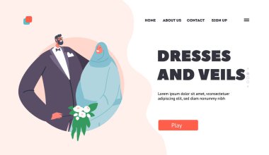 Gelinlikler ve Peçeler İniş Sayfası Şablonu. Modern Yeni Evli Arap Adam ve Kadın Geleneksel Festivalsel Giysiler Giyiyor