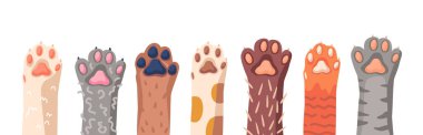 Cat Paws Row, Evcil Hayvan Ayağı Beyaz Arkaplanda İzole Edildi. Çeşitli Şirin Kedi Bacakları Koleksiyonu, Komik Evcil Hayvan Pençeleri