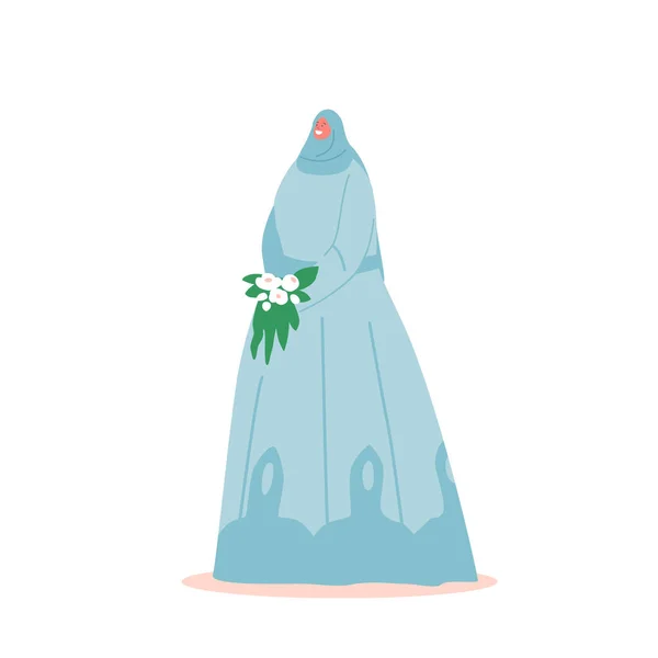 Carácter femenino de la novia musulmana feliz en vestido azul y ramo de celebración de Hijab en las manos durante la ceremonia de boda. Chica árabe — Vector de stock
