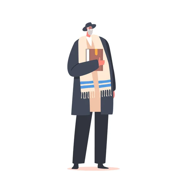 Hombre judío mayor usa ropa nacional y sombrero sosteniendo libro de la Torá en las manos. Carácter masculino judío ortodoxo, rabino — Vector de stock