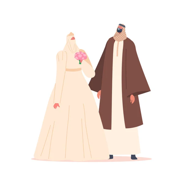 아랍의 신혼 여성 무슬림 남성 과 여성 , Festive Dresses Celebrate Wedding Ceremony, Groom and Bride Arab Couple — 스톡 벡터