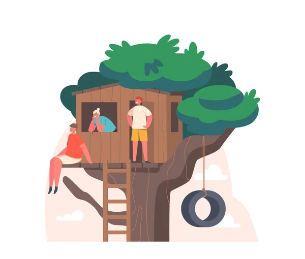 Enfants heureux jouant sur Treehouse, amis ou frères et sœurs passent du temps ensemble. Joyeux enfants jouent à la maison sur l'arbre — Image vectorielle