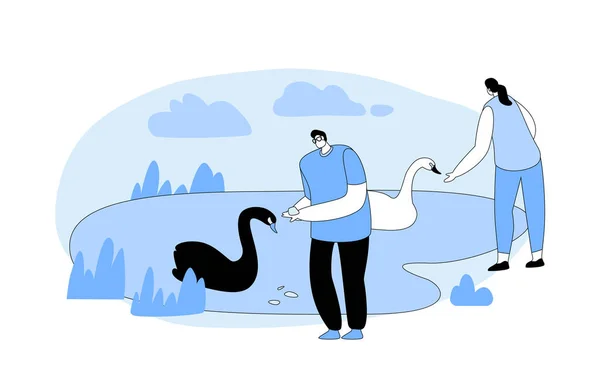 La gente pasa tiempo en el parque de animales alimentando cisnes en el lago. Los personajes masculinos y femeninos tienen ocio al aire libre en el zoológico al aire libre — Vector de stock