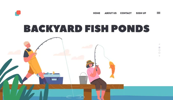 Stagni di pesce cortile Landing Page Template. Bambini pesca con canne su legno Lake Pier, Ragazzo e Ragazza Pescatori divertimento — Vettoriale Stock