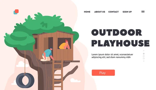 Plantilla de Landing Page de Playhouse al aire libre. Niños pequeños se sientan en la casa del árbol con escalera de madera y neumático en la cuerda — Archivo Imágenes Vectoriales