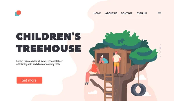 Happy Kids Playing on Treehouse Landing Page Template (en inglés). Amigos o hermanos pasan tiempo juntos. Niños diversión y ocio — Archivo Imágenes Vectoriales