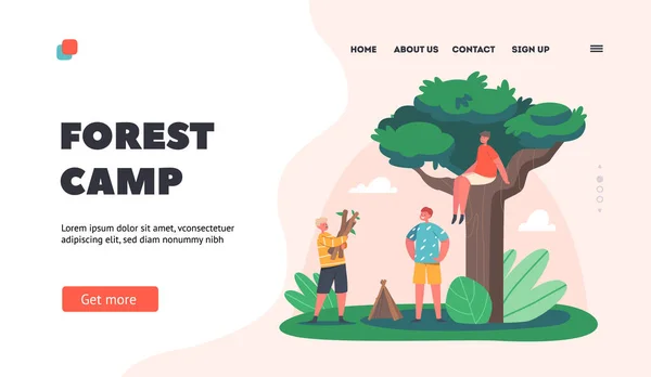 Шаблон сайта лесного лагеря. Детские персонажи, строящие хижину или домик на дереве, мальчики, играющие на природе — стоковый вектор