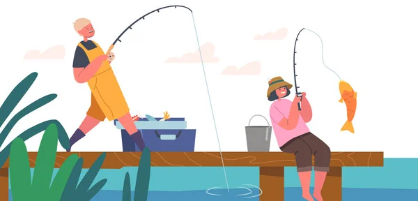 Barn Fiske med spön på Trä Lake Pier, Pojke och flicka fiskare har roligt på dammen. Barn tecken Fritid — Stock vektor