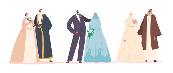 Sada arabských párů svatební obřad, tradiční muslimské ženich a nevěsta znaky nosit slavnostní oblečení — Stockový vektor