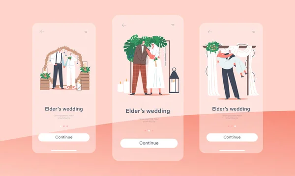 Personagens seniores Cerimônia de casamento Mobile App Page Onboard Screen Template. Feliz Casal Nupcial Idoso —  Vetores de Stock