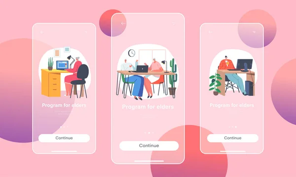 Yaşlılar Mobil Uygulama Sayfası Ekran Şablonu için Uygulama. Kıdemli İnsanlar Yetenek ve Akıllı Aygıtları Kullanıyor — Stok Vektör