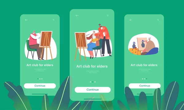 Art Club per anziani Mobile App Page Schermo di bordo Template. Uomini e donne anziani imparano a disegnare in classe Art Studio — Vettoriale Stock