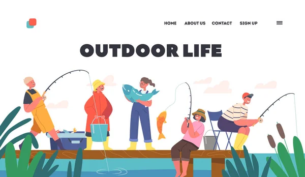 Šablona Outdoor Life Landing Page. Děti Rybáři Bavte se na rybníku, Malí kluci a dívky Rybaření s pruty na molu — Stockový vektor