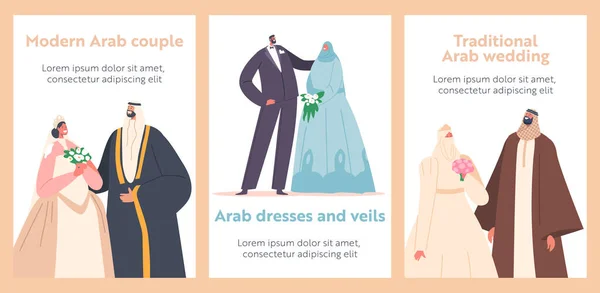 Arabische stellen Huwelijksceremonie Banner, Traditionele Moslim Bruidegom en Bruid Karakters Draag Feestelijke Kleding — Stockvector