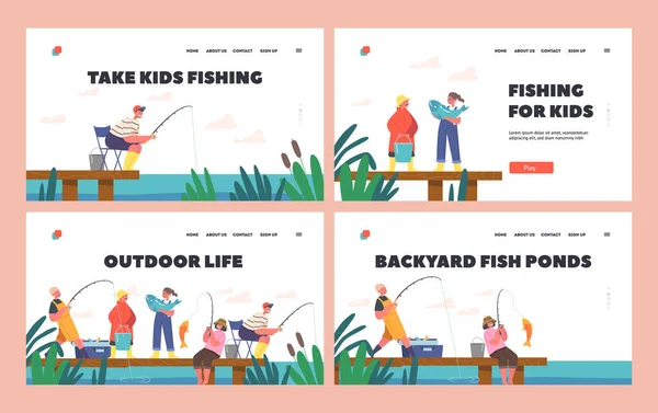 子供屋外ライフランディングページテンプレートセット.池で遊ぶ小さな漁師,男の子と女の子ロッドで釣り — ストックベクタ
