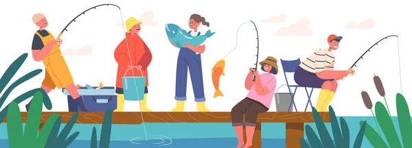 Děti Rybáři Baví na rybníku, Malí kluci a dívky Rybaření s pruty na dřevěném molu. Dětská letní rekreace — Stockový vektor