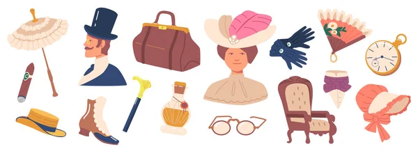 Set of 19th Century Items Umbrella, Cigar, Valise Bag, Pocket Watch and Glasses. Walking Cane, Hat, Boots and Gloves — Stock Vector