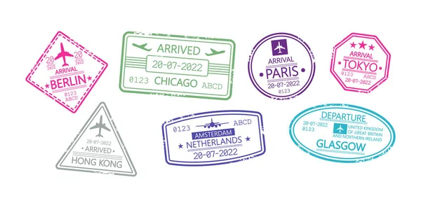 Serie von internationalen Reisevisumsstempeln. Berlin, Chicago und Paris, Tokio, Hongkong und die Niederlande oder Glasgow — Stockvektor