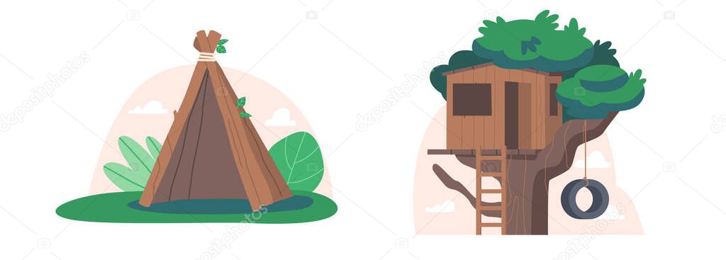 Tree House and Hut Made of Branches Isolated on White Background. Wooden Constructions for Kids Summer Recreation