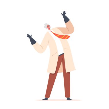 Şeytani Çılgın Profesör Gülüyor, Laboratuvar Önlüklü Çılgın Doktor Karakteri ve Plastik Eldivenli Bulaşık Saçlı Neşeli Laboratuvar Envanteri. Kimyager ya da fizikçi. Çizgi film Vektör İllüstrasyonu