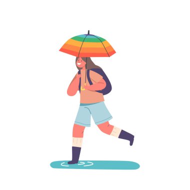 Lastik Çizmeli Çocuk Karakteri Şemsiye ve Gölet 'in Sırt Çantası Yürüyüşü. Sonbaharda Neşeli Gülümseyen Çocuk veya Bahar Yağmurlu Hava. Mutlu küçük kız okula git. Çizgi film İnsanları Vektör İllüstrasyonu