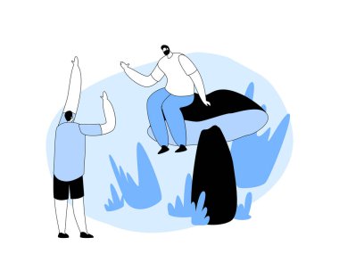 Dev Mantar 'daki Küçük Adamlar, Ormanda Yürüyen Mutlu İnsanlar, Sonbahar Aktivite Konsepti. Erkek karakterler sonbahar sezonunda dışarıda vakit geçirir, mantarları toplarlar. Çizgi film Vektör İllüstrasyonu