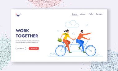Meslektaşlar İniş Şablonu Birlikte Çalışıyor. İş Ekibi Bisiklet Sürme Hedefe ve Başarı Yoluna. İş adamları çift tekerli bisiklete biniyor, takım çalışması yapıyor. Çizgi film İnsanları Vektör İllüstrasyonu