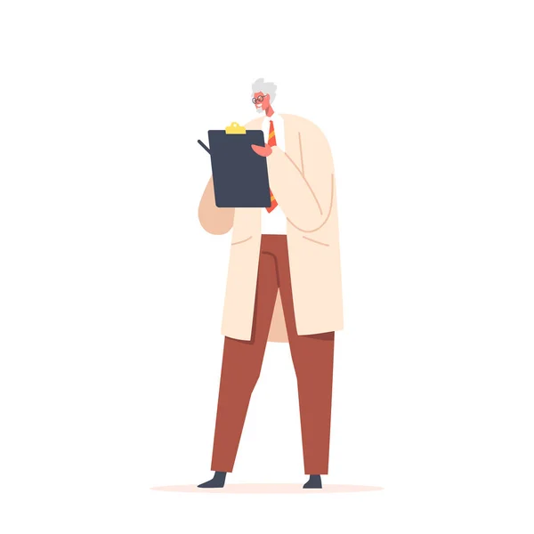 Scientific Professor Writing Notes Conducting Test in Chemical Laboratory. Nuts Doctor, Loopy Character in White Lab Coat Conduct Experiment. School Teacher, Old Funny Man. Cartoon Vector Illustration