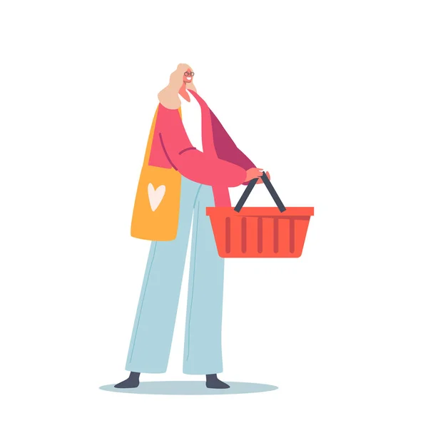Happy Woman Holding Shopping Cart Cheerful Female Character Shopaholic Girl — Stock Vector