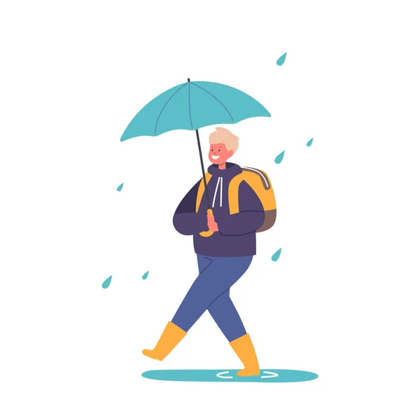 快乐的小男孩 带着雨伞在雨天步行去学校 穿着橡胶靴的孩子背着背包走着 快乐的笑着的孩子角色秋天的季节 卡通人物矢量图解 — 图库矢量图片