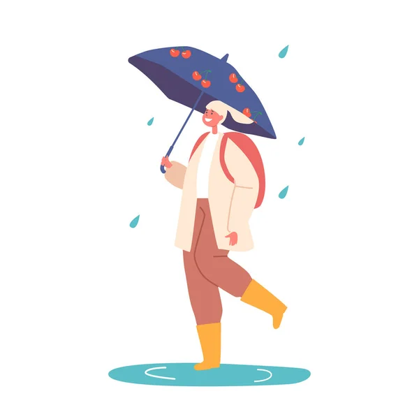 Joyeux Écolière Marchez Sous Parapluie Saison Automne Personnage Féminin Souriant — Image vectorielle