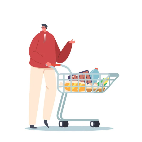 Hombre Con Carrito Compras Lleno Paquetes Alimentos Cliente Hombre Carácter — Vector de stock