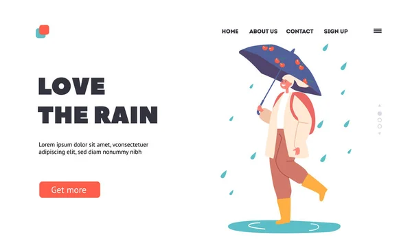 Happy Girl Walk Umbrella Rain Landing Page Template Kvinnlig Karaktär — Stock vektor