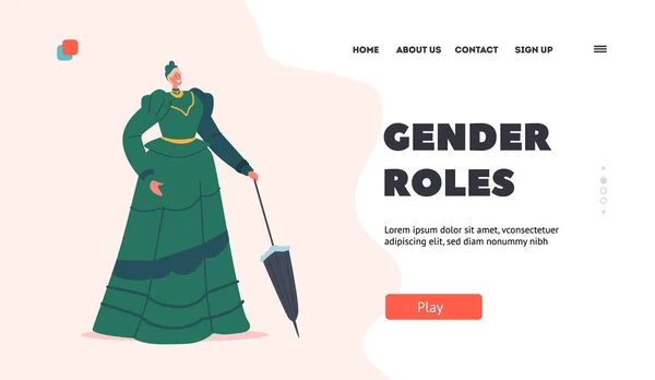 Gender Roles Landing Page Template Элегантная Леди Винтажном Платье Зонтиком — стоковый вектор