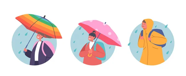 Enfants Heureux Sous Parapluie Icônes Rondes Isolées Personnages Petits Garçons — Image vectorielle