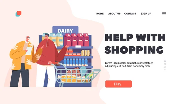 Ayuda Con Plantilla Landing Page Compras Carácter Masculino Que Ayuda — Vector de stock