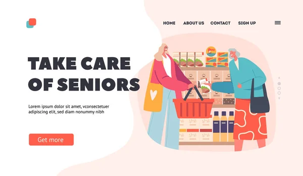 Φροντίστε Πρότυπο Seniors Landing Page Happy Old Young Women Shopping — Διανυσματικό Αρχείο