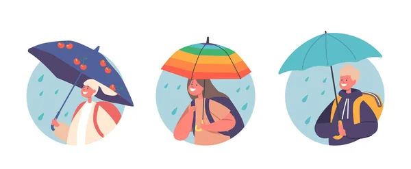 Glückliche Kinder Unter Regenschirmen Oder Runde Ikonen Schuljungen Und Mädchen — Stockvektor