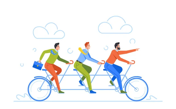 Businesspeople Team Riding Three Person Steering Tandem Bike Business Metaphor — Stock Vector