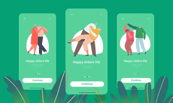 Mutlu Yaşlılar Mobil Uygulama Sayfası Ekran Şablonu Yaşlılara Aşk Dansı — Stok Vektör