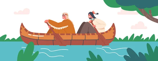Happy Indigenous Indian American Kids Rowing Kayak Canoe River Native — Stock Vector