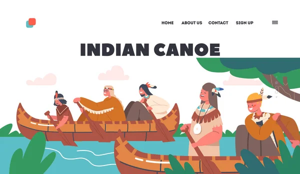 インディアンカヌーランディングページテンプレート ネイティブ アメリカン チルドレンカヌー スペアタイム 先住民の子供たちキャラクターは 川の木製カヤックボートに乗って衣装を着ています 漫画人ベクトルイラスト — ストックベクタ